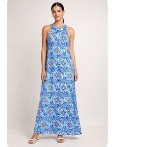 Stella Parker Blue White Paisley Stretch Sleeveless UPF 50 Maxi Dress Size L NWT